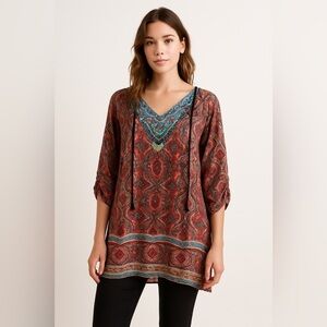 Tolani Sz XL Womens RED 100% Silk Floral Bohemian Lagenlook Tunic Dress NWOT